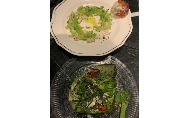 Top: celery ceviche seasoned with serrano and pecorino. Bottom: wedge salad with Point Reyes blue cheese and black sesame seeds.