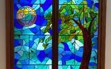 The newly installed windows at Temple Sinai were designed by Nancy Spanagel, a stained glass artist, and previously displayed at the Jacobs home.
