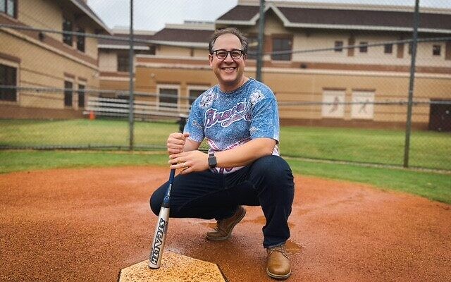 Rabbi Micah Lapidus at home plate ready for the Braves in the World Series.