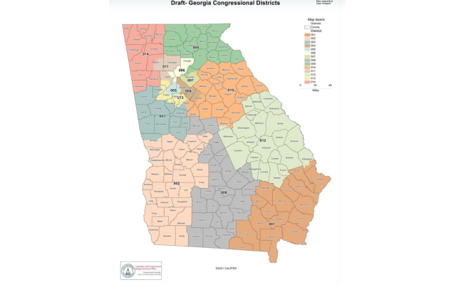 A draft map of Georgia's 14 congressional districts was released by Lt. Gov. Geoff Duncan Monday, Sept. 27, 2021. // Photo credit: Georgia Legislative and Congressional Reapportionment Office