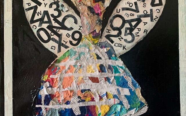 Susan Proctor’s mixed media collage depicts a woman who is a free spirit yet very connected to the world by words and numbers.