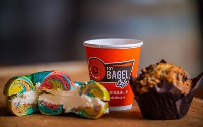 The rainbow bagel with cream cheese makes for a colorful social media post.