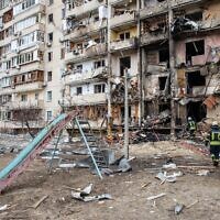 A residential building damaged by an enemy aircraft in the Ukrainian capital Kyiv.