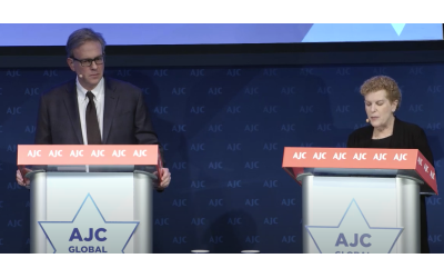 Professor Pamela Nadell of American University and journalist Bret Stephens of the New York Times debated the future of Jewish life in America at the American Jewish Committee’s Global Forum in New York City.
