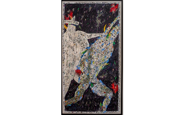 This large depiction of a carnival night was done in glitter and gesso by New York artist Josette Urso.