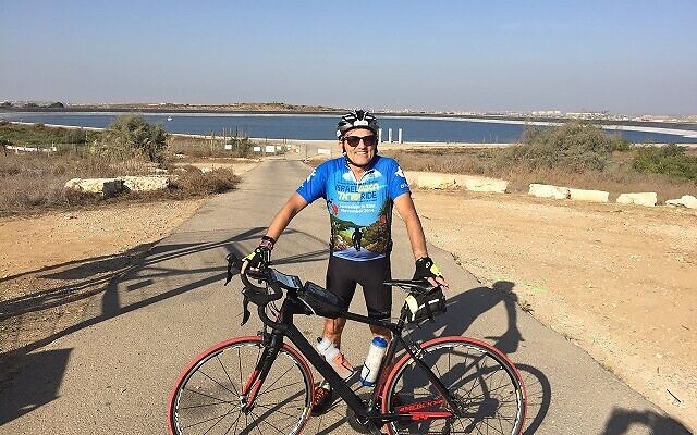 Morris Maslia cycling with the Tzofim group at the Jewish National Fund (JNF) Nir Am Reservoir along the Israel-Gaza border, during the November 2016 Israel Ride.