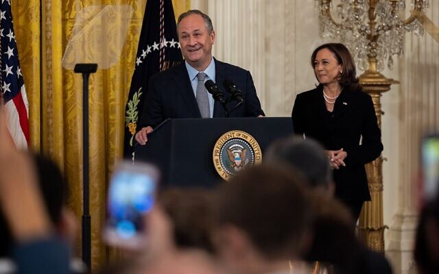 Vice President Kamala Harris and husband, Second Gentleman Doug Emhoff, who is Jewish, are pictured at the White House’s celebration of Rosh Hashanah.