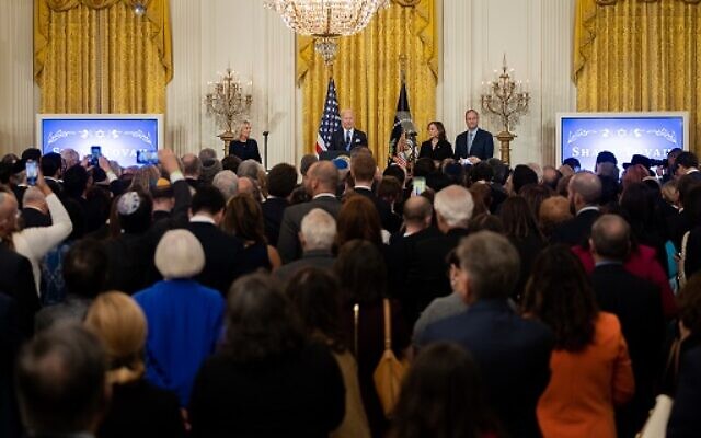 President Joe Biden speaks at a celebration of Rosh Hashanah, the Jewish New Year, in the East Room of the White House.