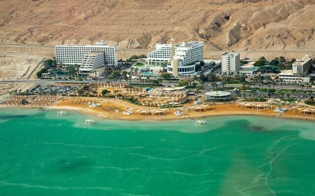 Aerial view of Ein Bokek on the shores of the Dead Sea, in 2021. (Moshe Shai/Flash90)