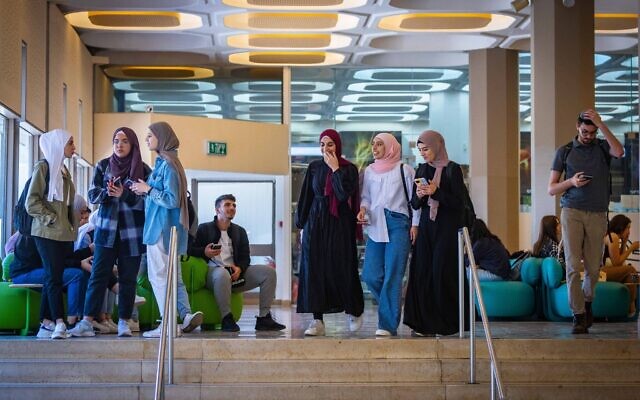 Students at the Mount Scopus campus at Hebrew University on the first day of the opening of the university year on October 23, 2022. (Olivier Fitoussi/FLASH90)