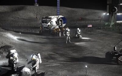 A illustration of humans working on the moon (screenshot from YouTube NASA video)