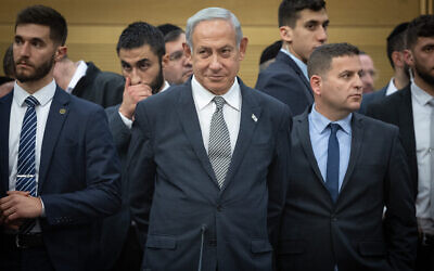 Prime Minister Benjamin Netanyahu attends a Shas party meeting in the Knesset on Jan. 23, 2023. (Yonatan Sindel/Flash90)
