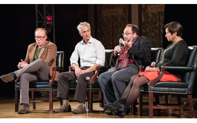 From left, co-writer Clark Young, actor David Strathairn, director and writer Derek Goldman, discuss “Remember This” at Georgetown University with professor Cynthia Schneider.