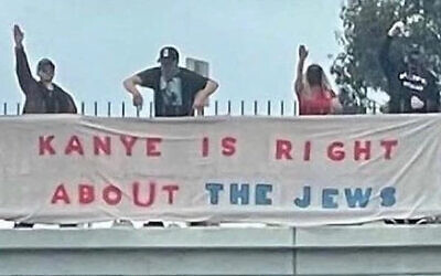 Antisemites in Los Angeles are pictured hanging a banner over a freeway that reads, “Kanye is right about the Jews.” Antisemitic groups across the country have organized a nation-wide “Day of Hate,” on Saturday, Feb. 25, targeting Jewish communities.