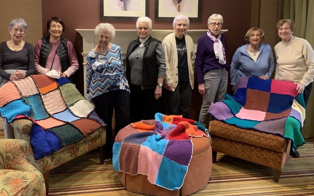 Blankets for Ukrainians were knitted by the senior residents of Sunrise at Huntcliff Summit.