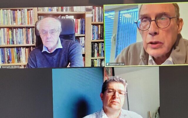 Ken Stein (upper left) posed questions to Nachman Shai (upper right) and Jonathan Rynhold (bottom) during a webinar on Israel’s civil society.