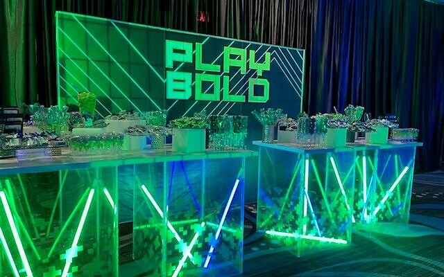 Play Bold in neon is for a video game-themed bar mitzvah.