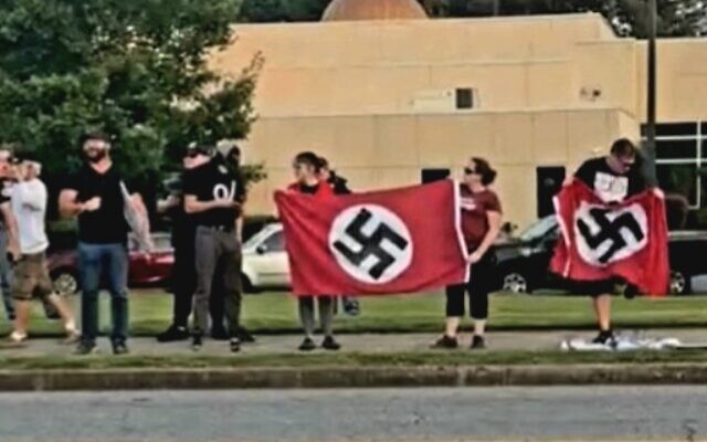 Goyim Defense League protests Chabad of Cobb in Georgia with Nazi flags // Screenshot, YouTube