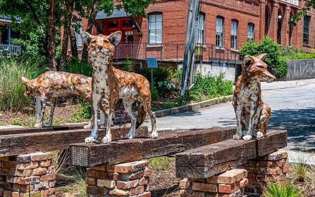 Chris Condon’s “Canis Rufus” sculpture was selected to occupy the parklet near the Feiler/Adams home. Adams and Feiler plowed through years of red tape to bring it to fruition.