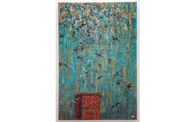 Adams created “Chimney Swifts” 2020 which hangs in the living room. The birds are in decline due to overuse of pesticides and loss of habitat, but Laura and Andrew “host” them in the chimney. While resident, the birds consume thousands of mosquitoes daily. 
