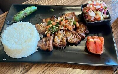 Ribeye steak kabob with rice and Israeli salad