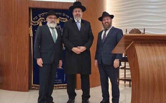 (From left) Chabad Israeli Center of Atlanta’s emissary to Buckhead Rabbi Israel New, Rabbi David Lau, and Chabad Israeli Center of Atlanta’s Rabbi Menachem Gurary.