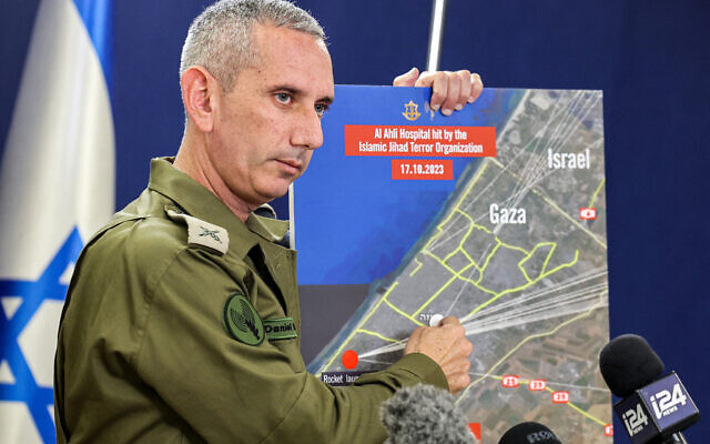 Israeli army spokesman Rear Admiral Daniel Hagari shows the press a graphic of alleged rocket launches near al-Ahli Hospital in Gaza at a press conference in Tel Aviv on Oct. 18, 2023 // Photo Credit: GIL COHEN-MAGEN/AFP/Times of Israel