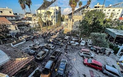 The scorched parking lot of the Al-Ahli Baptist Hospital in Gaza City after an overnight blast there, Oct. 18, 2023 // Photo Credit: Times of Israel