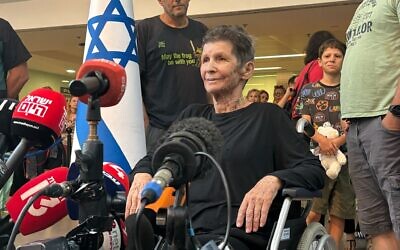 Yocheved Lifshitz, 85, speaks to reporters at Ichilov hospital in Tel Aviv after being freed from Hamas captivity on Oct. 24, 2023 // Photo Credit: Carrie Keller-Lynn/Times of Israel