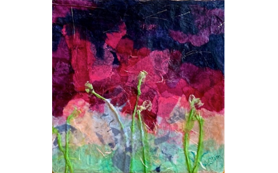 In “Ancient Stems,” Stern uses intense magenta to interpret these striking flowers contrasted against deep blue.