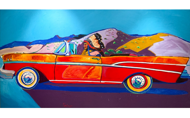 Above: This uproariously colorful “Indian in a ’57 Chevy” is by Taos, N.M., artist Malcolm Furlow and is one of Bauer’s favorites.