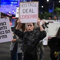 Israelis protest calling for the release of Israelis held kidnapped by Hamas terrorists in Gaza, outside Hakirya base in Tel Aviv, Nov. 21, 2023 // Photo Credit: Avshalom Sassoni/Flash90/JTA