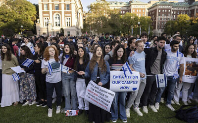 Pro-Israel demonstrators sing a song during a protest at Columbia University, Oct. 12, 2023, in New York // Photo Credit: AP Photo/Yuki Iwamura, File/Times of Israel