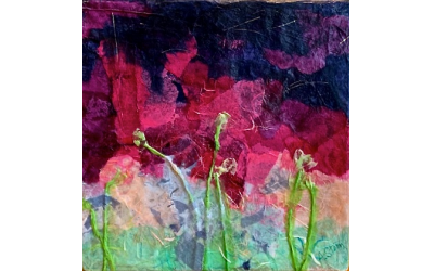 In “Ancient Stems,” Stern uses intense magenta to interpret these striking flowers contrasted against deep blue.
