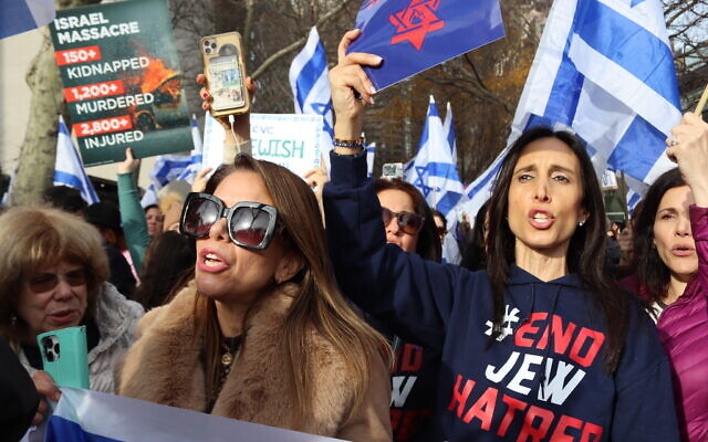 Protestors gather outside the UN headquarters in New York City on Dec. 4, 2023, to protest the international community's perceived silence on sexual violence committed by Hamas terrorists against Israeli women during the Oct. 7 massacre // Photo Credit: Carli Fogel/Times of Israsel