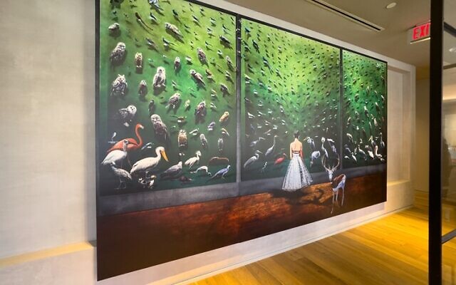 This gigantic triptych panel, “Bird Room,” by Todd Murphy is the centerpiece of Alexander’s Buckhead Spa entrance.