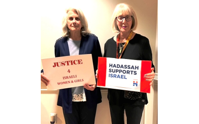 Lynn Owens and Simone Wilker, HGA Zionist Affairs Chair, show signs of support for Israeli women and girls.