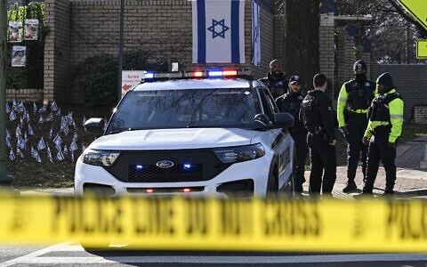 Police take security measures and investigate the crime scene after 25-year-old Aaron Bushnell, an active-duty member of the US Air Force, set himself on fire Sunday outside the Israeli Embassy in Washington, D.C., Feb. 25, 2024 // Photo Credit: Celal Gunes/Anadolu via Getty Images/JTA