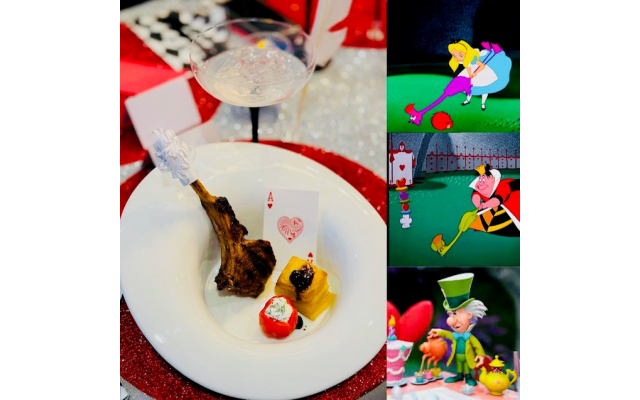 The appetizer course was an “Alice in Wonderland” croquet mallet and edible card.