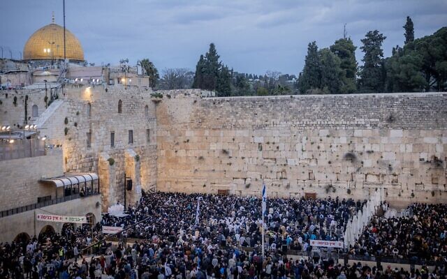 Jews attend a prayer for the return of the Israeli hostages held by Hamas terrorists in the Gaza Strip, at the Western Wall, Judaism's holiest prayer site in the Old City of Jerusalem, March 21, 2024 // Photo Credit: Chaim Goldberg/Flash90/JTA