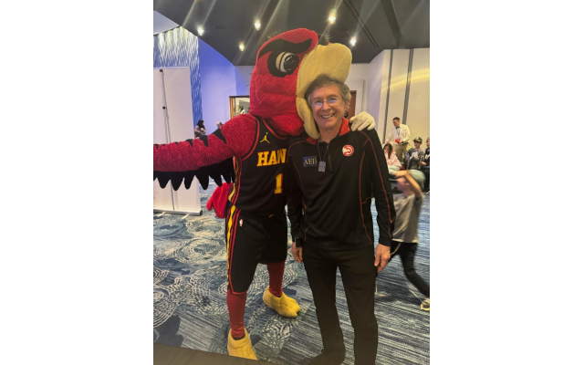 Atlanta Hawks mascot Harry the Hawk has a special greeting for Atlanta Jewish Times owner and publisher  Michael Morris.