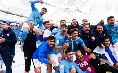 Israel's under-20 men's soccer teams celebrates winning third place at the FIFA U-20 World Cup in La Plata, Argentina, June 11, 2023 // Photo Credit: Marcio Machado/Eurasia Sport Images/Getty Images/JTA