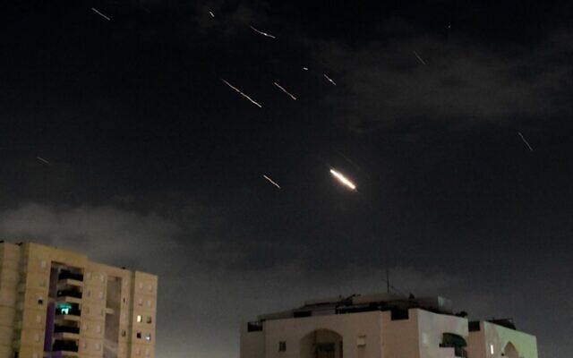 An Iranian missile is intercepted over Tel Aviv on April 14 // Photo Credit: Tomer Neuberg/Flash90/JTA