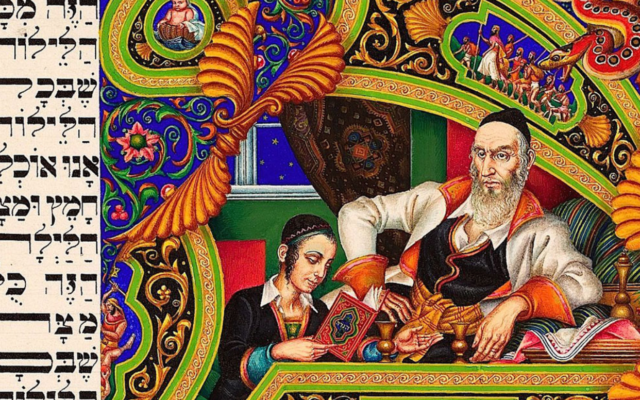 The contrast between youth and age runs throughout Szyk’s Haggadah, as in this illustration that was part of the four questions.