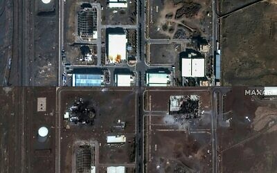 This combination of pictures created on June 14, 2025, shows a handout satellite image provided by Maxar Technologies and taken on June 14, 2025, of a closeup view the Natanz nuclear facilities near Ahmadabad in Iran, before an Israeli strike (top) and another closeup view taken on June 14, 2025, after an Israeli strike // Photo Credit: AFP Photo/ Satellite image ©2021 Maxar Technologies/Times of Israel
