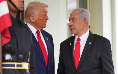 US President Donald Trump, left, greets Prime Minister Benjamin Netanyahu at the White House, April 7, 2025, in Washington // Photo Credit: AP/Evan Vucci/ Times of Israel