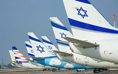 El Al airplanes on the tarmac at Israel's Ben-Gurion International Airport, October 4, 2022 // Photo Credit: Moshe Shai/ Flash90/ File/Times of Israel
