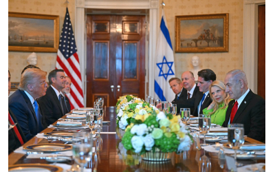 U.S. President Donald Trump, left, meets with Prime Minister Benjamin Netanyahu at the Blue Room of the White House in Washington, DC, on July 7, 2025 // Photo by ANDREW CABALLERO-REYNOLDS/AFP/Times of Israel