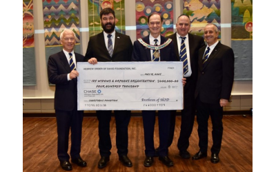 The Hebrew Order of David presented a check for $400,000 to the IDF Widows & Orphans fund at its recent Biennial International Conference in Atlanta. On hand for the presentation were (from left) Joe Blog, Treasurer, HOD International and North America Governing Lodge; Shlomi Nachumson, CEO IDF Widows and Orphans Fund; David Joss, Grand Lodge President, HOD International; Jonathan Woolfson, HOD International Philanthropy Fund; and Paul Wainstein, HOD Grand Lodge Secretary and NAGL Deputy President. The Hebrew Order of David presented a check for $400,000 to the IDF Widows & Orphans fund at its recent Biennial International Conference in Atlanta. On hand for the presentation were (from left) Joe Blog, Treasurer, HOD International and North America Governing Lodge; Shlomi Nachumson, CEO IDF Widows and Orphans Fund; David Joss, Grand Lodge President, HOD International; Jonathan Woolfson, HOD International Philanthropy Fund; and Paul Wainstein, HOD Grand Lodge Secretary and NAGL Deputy President.