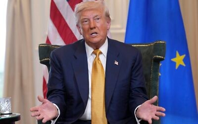 U.S. President Donald Trump gestures as he meets European Commission President Ursula von der Leyen at the Trump Turnberry golf course in Turnberry, Scotland, July 27, 2025 // Photo Credit: AP Photo/Jacquelyn Martin/Times of Israel